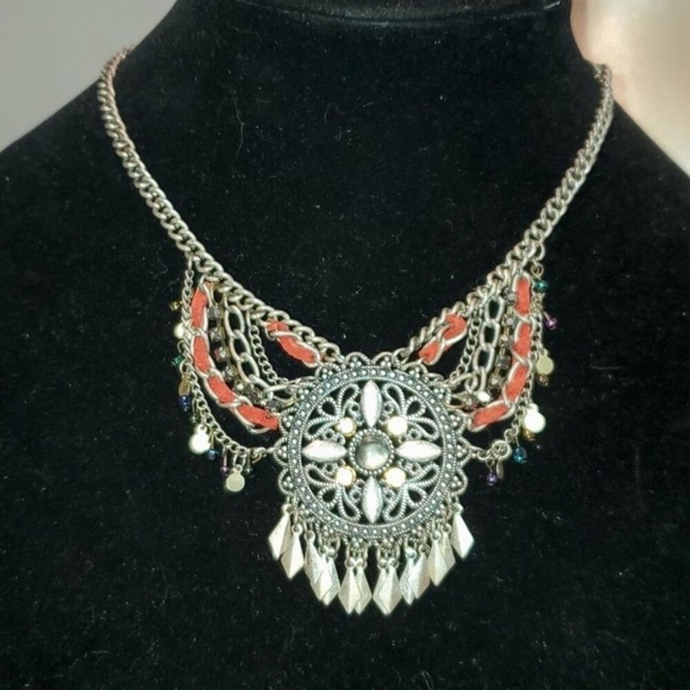 BOHO CHIC FABULOUS BEADED SuedecNECKLACE‎ Hippie Beach Glam Rock Silver Fringe